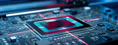 Printed Circuit Board with Advanced Processing Unit. Electronic Devices Production Industry. Fully Automated PCB Assembly Line. Conveyor on Electronics Factory.
